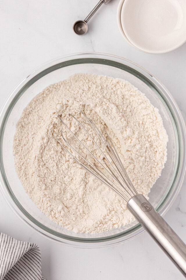 overhead view of combined dry ingredients for cookies and cream cupcakes