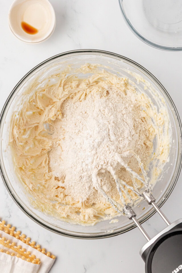 overhead view of dry ingredients added to wet ingredients for lemon shortbread