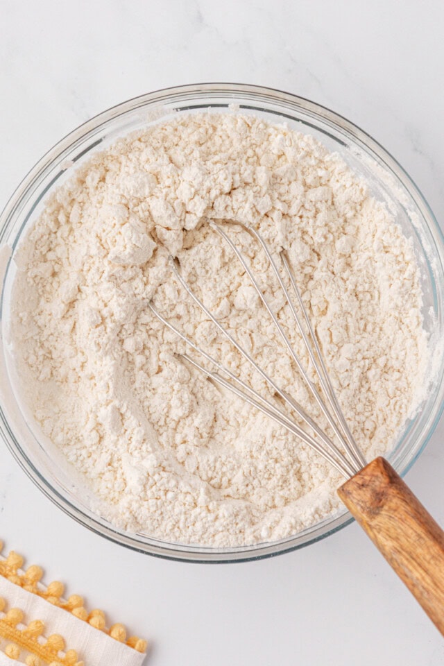 overhead view of combined flour, cornstarch, and salt in a mixing bowl