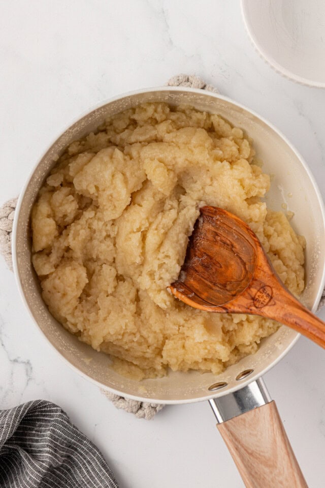 overhead view of pâte à choux dough after flour has been added