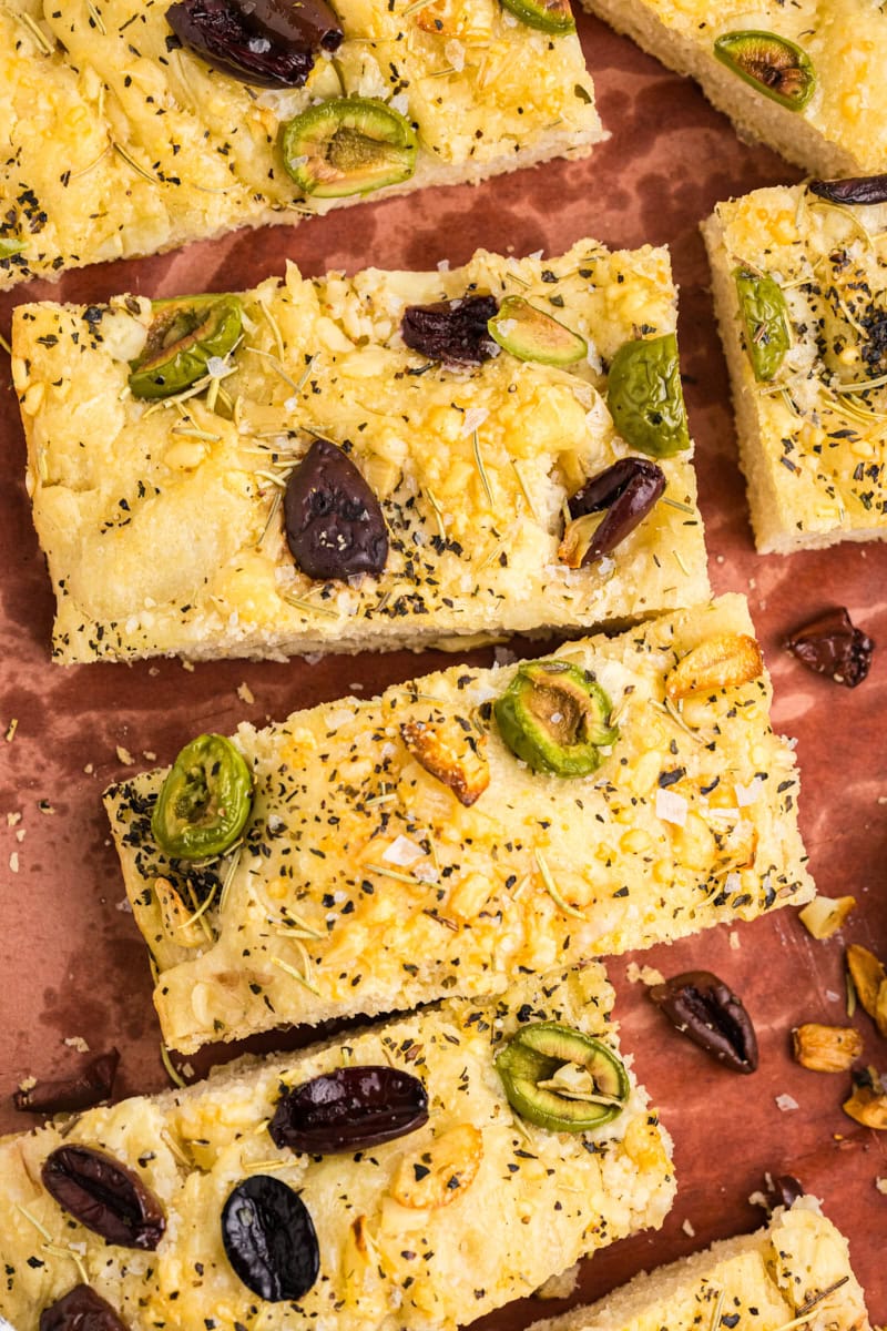 overhead view of slices of no-knead focaccia