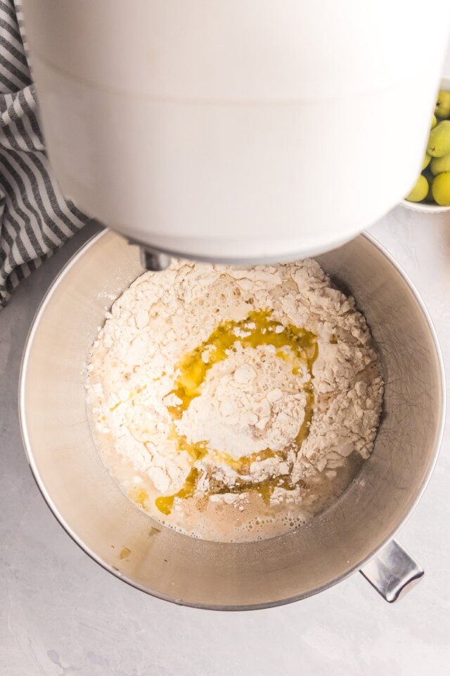 overhead view of flour, yeast, olive oil, warm water, and salt in the bowl of a stand mixer