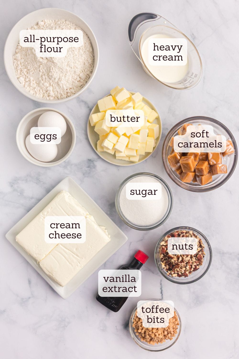 overhead view of ingredients for caramel cheesecake bars