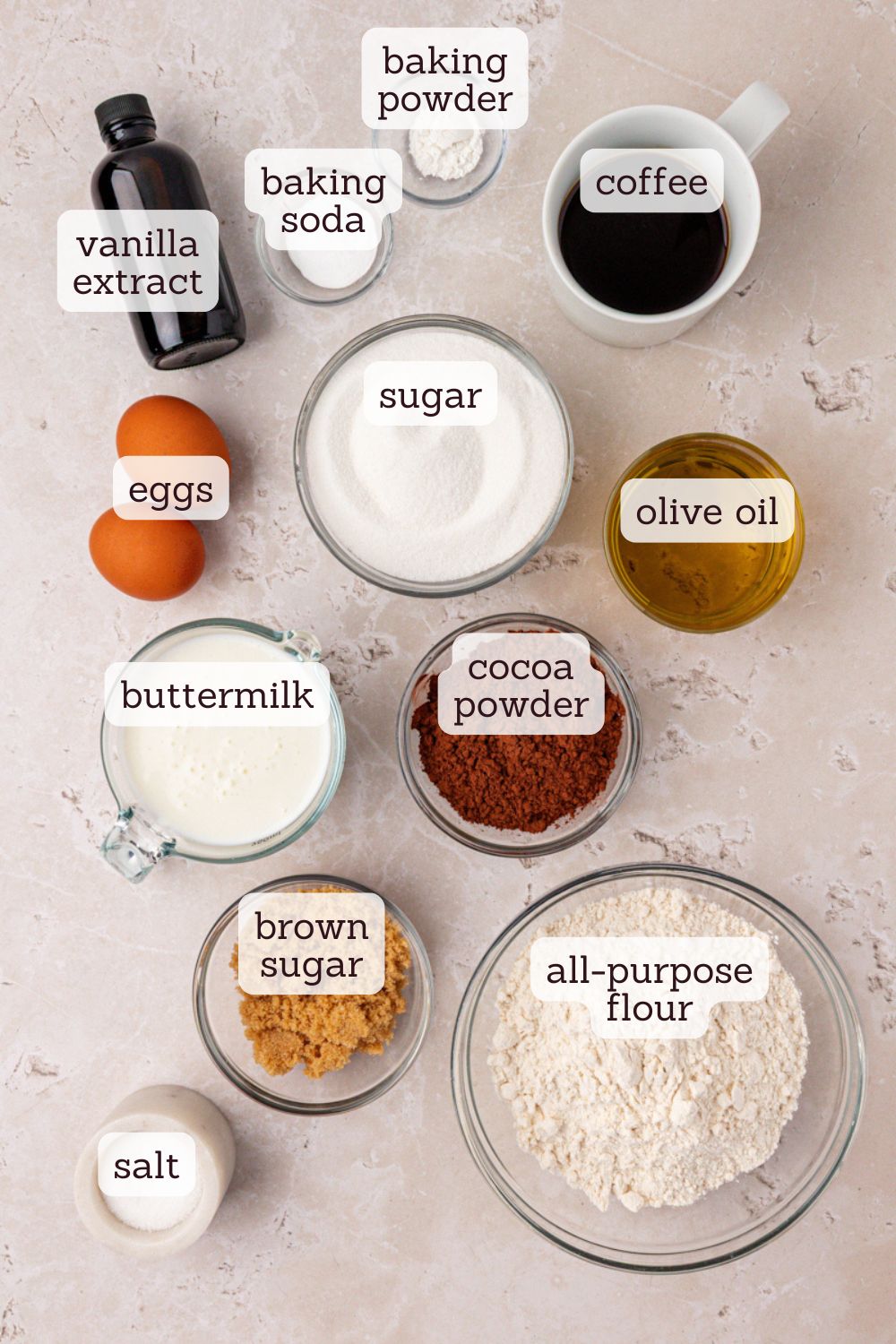 overhead view of ingredients for chocolate olive oil cake