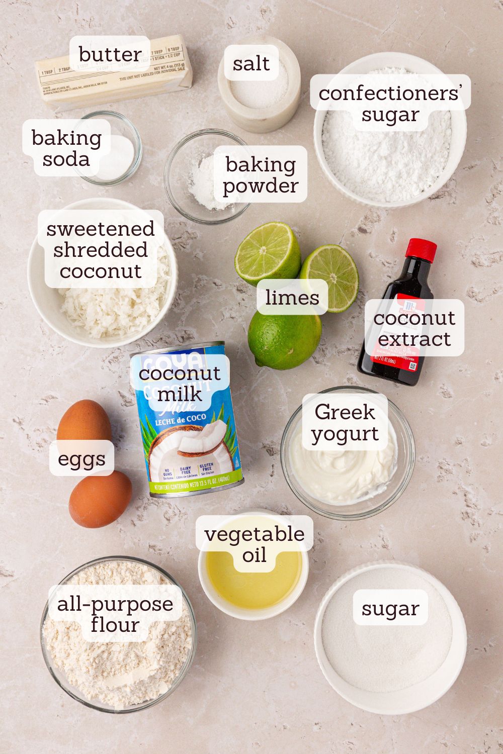 overhead view of ingredients for coconut lime loaf cake