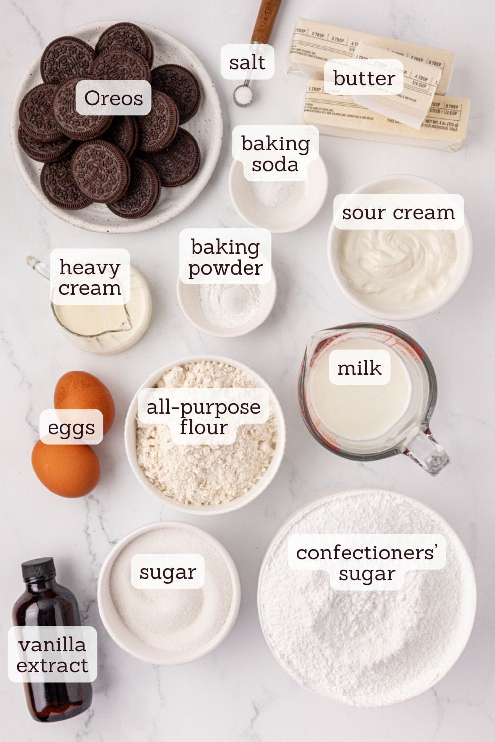 overhead view of ingredients for cookies and cream cupcakes