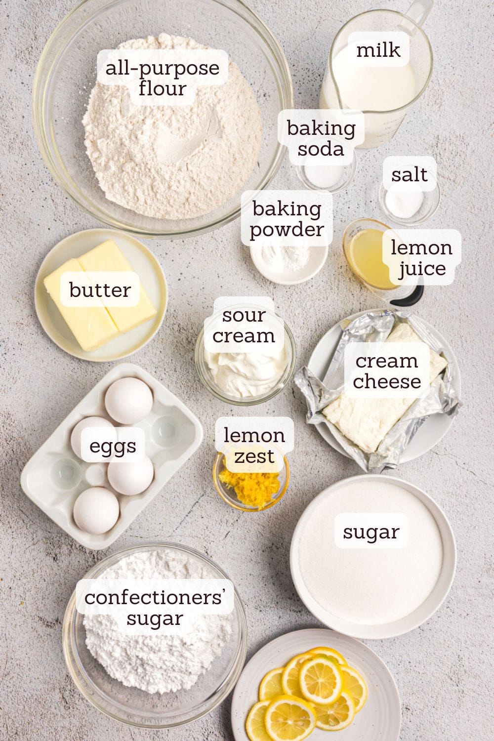 overhead view of ingredients for lemon sheet cake