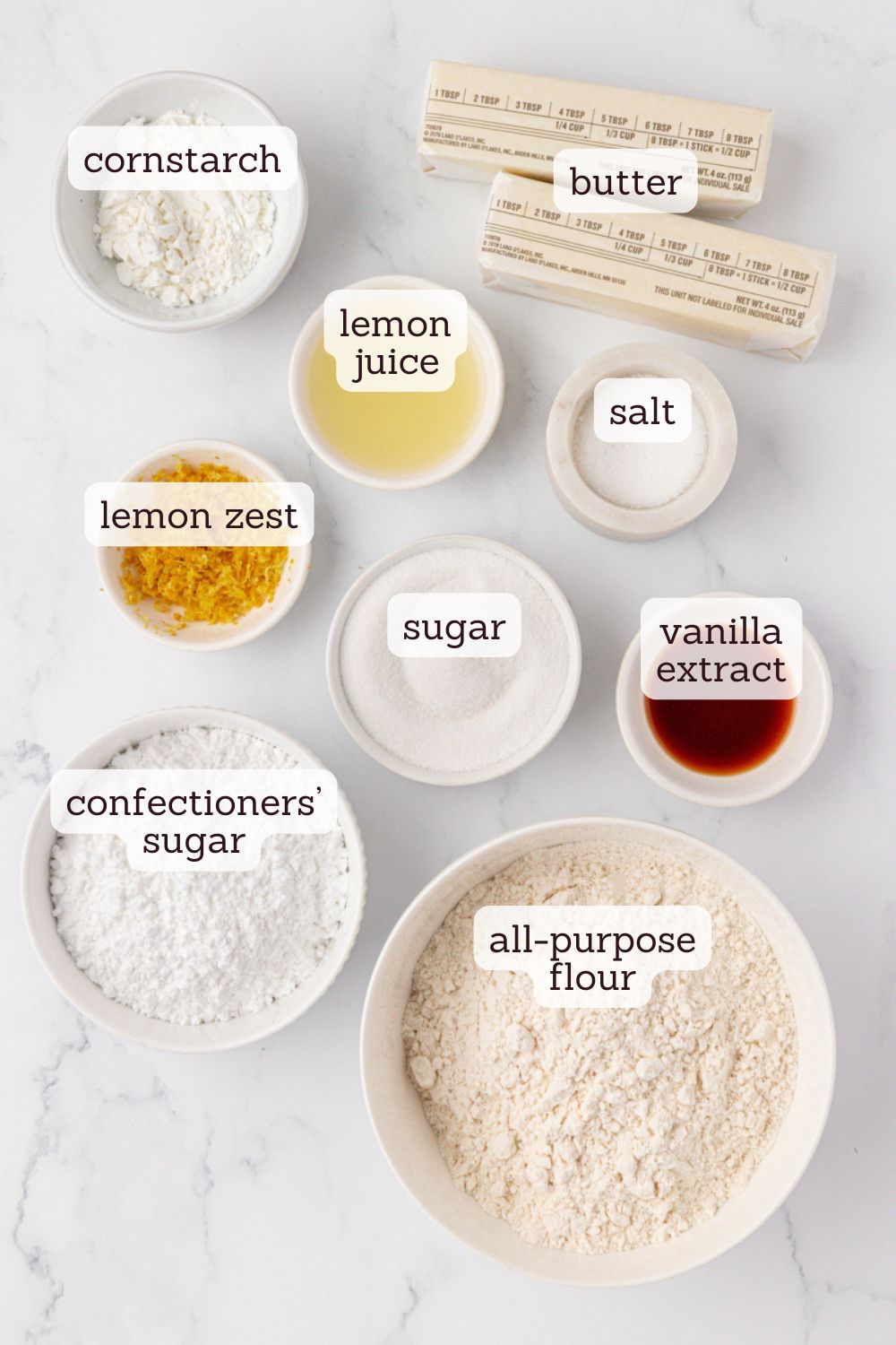 overhead view of ingredients for lemon shortbread cookies