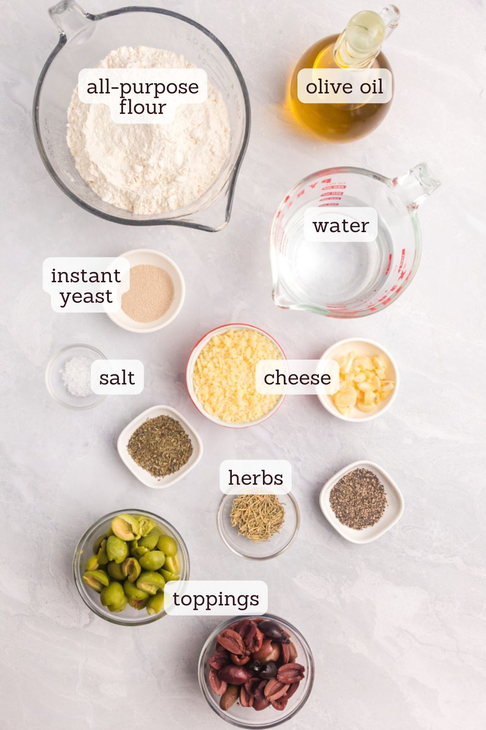 overhead view of ingredients for no-knead focaccia