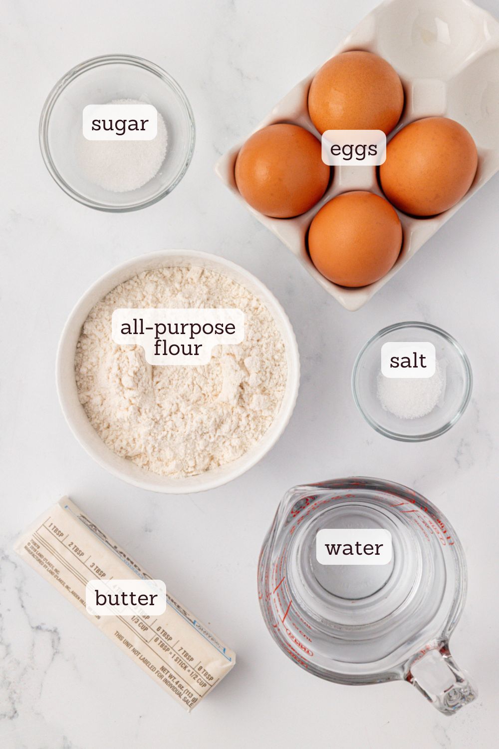 overhead view of ingredients for profiteroles
