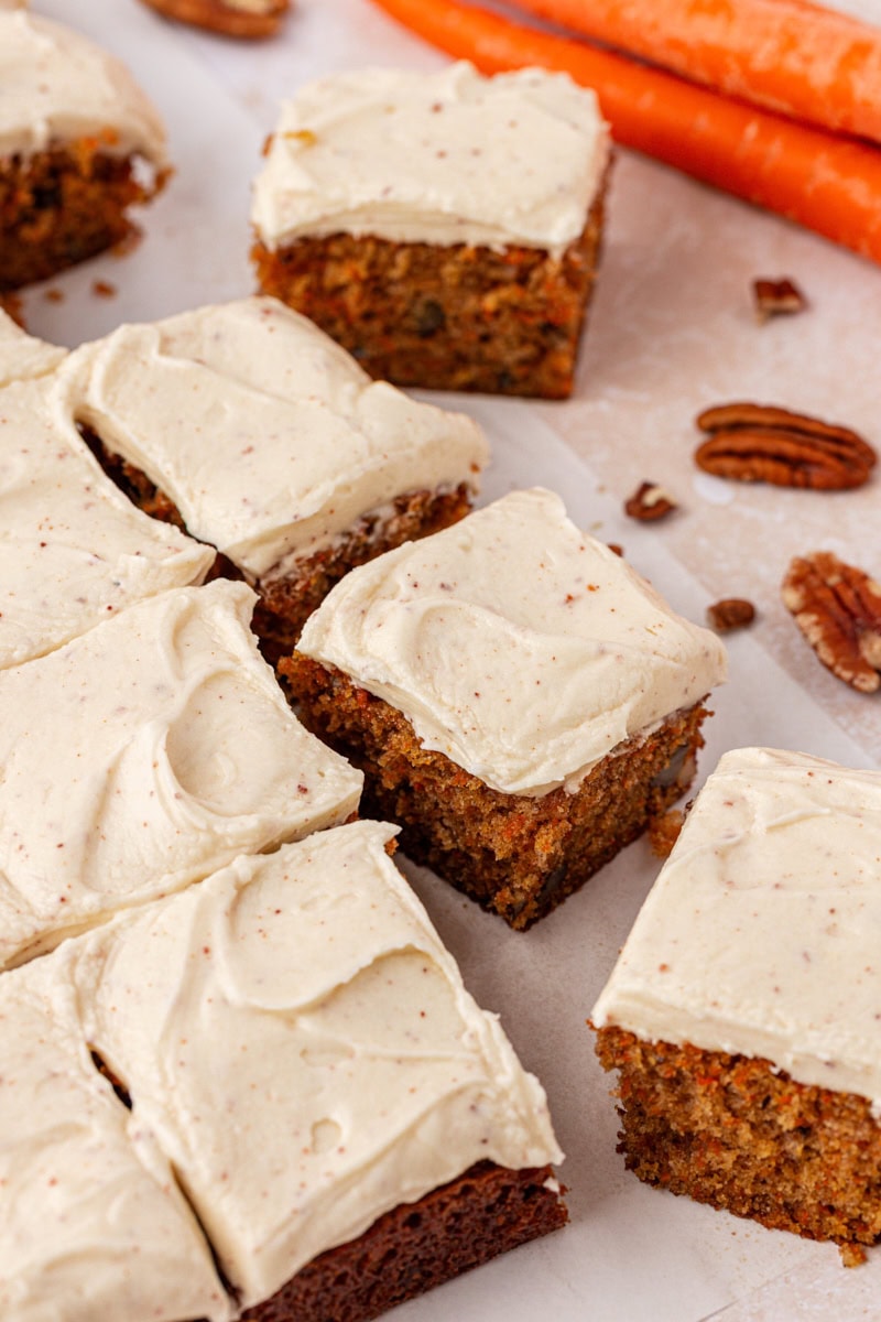 partially sliced carrot sheet cake with browned butter cream cheese frosting