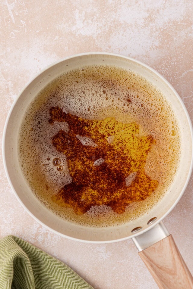 overhead view of browned butter in a saucepan