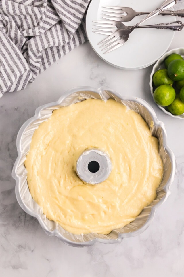 overhead view of Key lime Bundt cake batter in a Bundt pan ready to go into the oven
