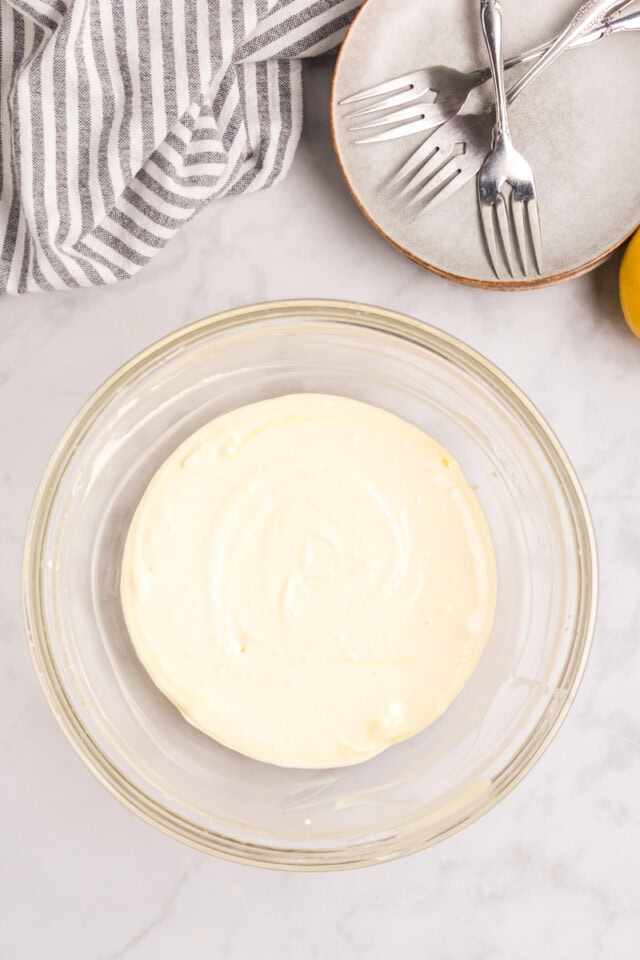 overhead view of lemon cream cheese filling for lemon coffee cake