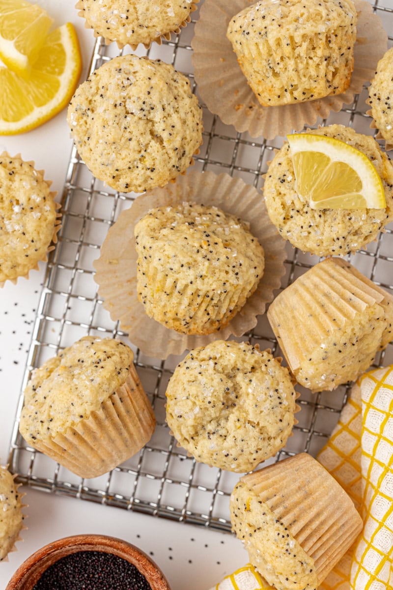 mini lemon poppy seed muffins on a wire rack