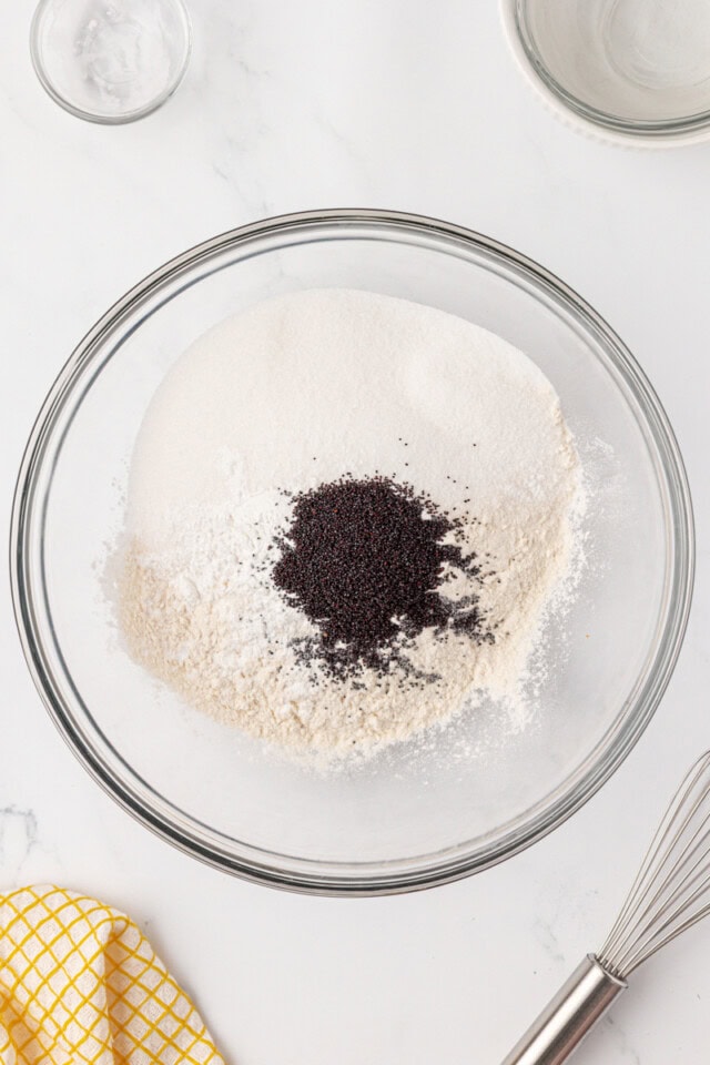 overhead view of dry ingredients in a mixing bowl