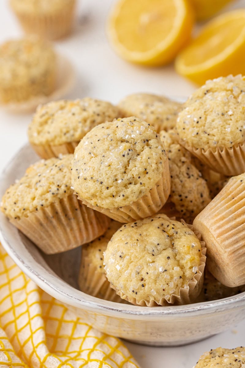 mini lemon poppy seed muffins in a serving bowl