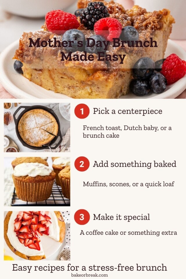 Easy Mother’s Day brunch ideas with baked French toast, muffins, and coffee cake in a simple build-your-brunch guide