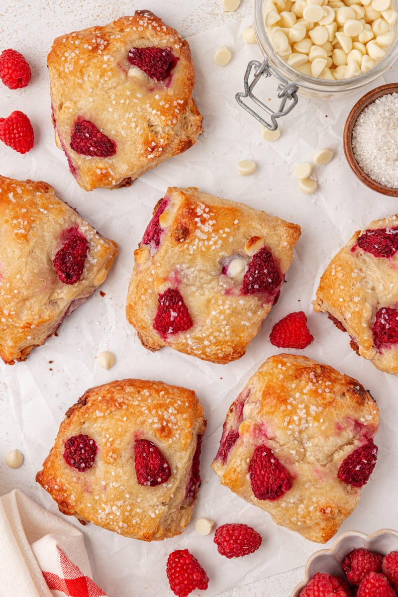 homemade raspberry white chocolate scones with coarse sugar topping