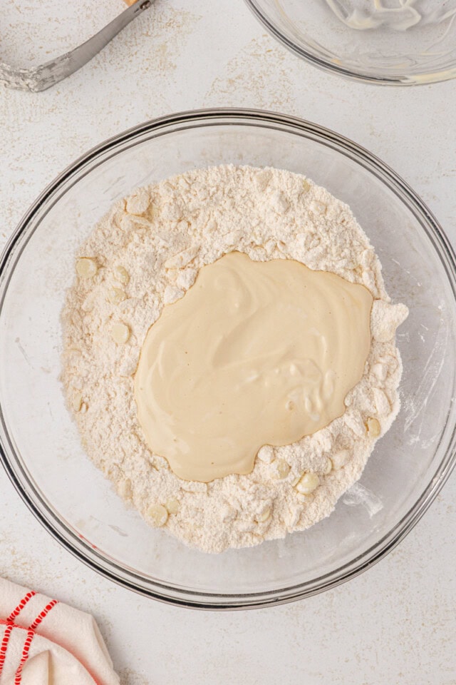 wet ingredients added to dry ingredients for scones