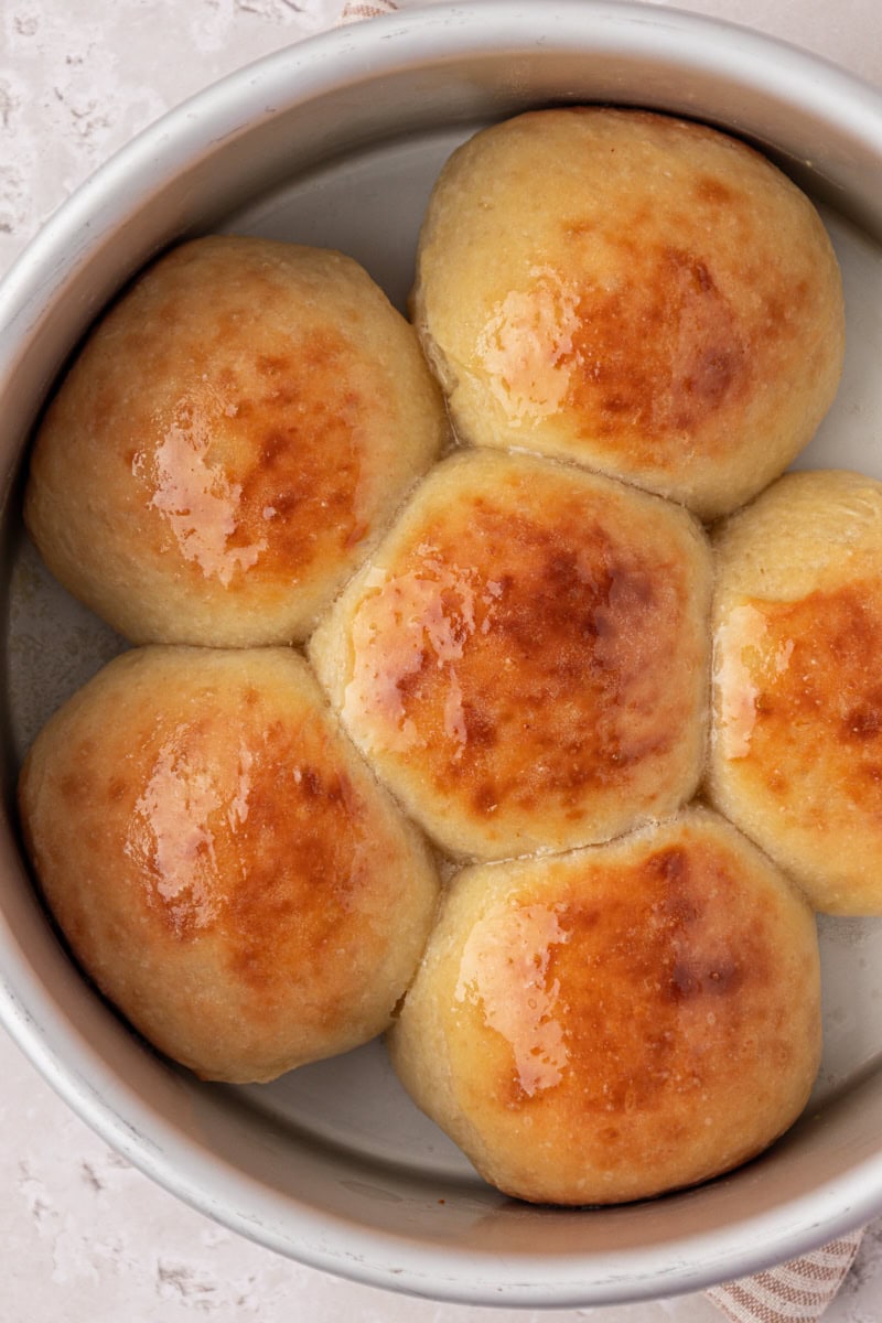 overhead view of freshly baked dinner rolls in a round cake pan