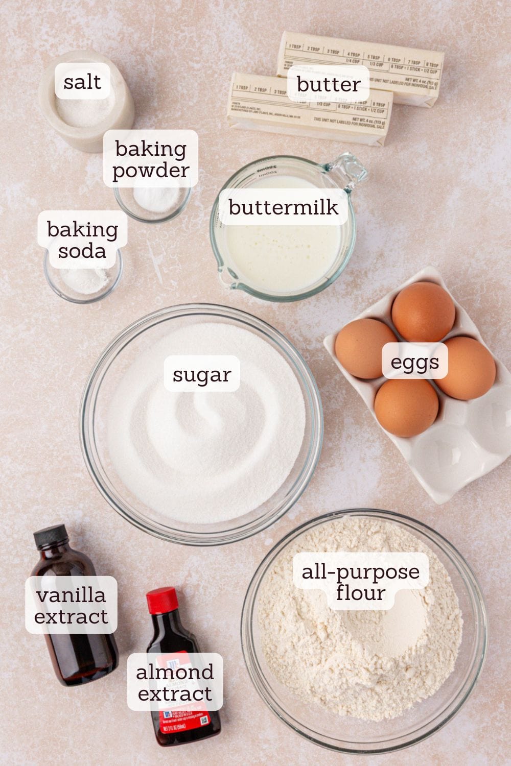overhead view of ingredients for buttermilk pound cake