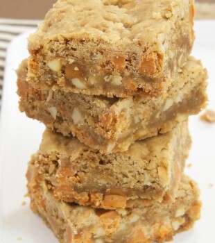 stack of four Butterscotch Toffee Blondies on a white plate