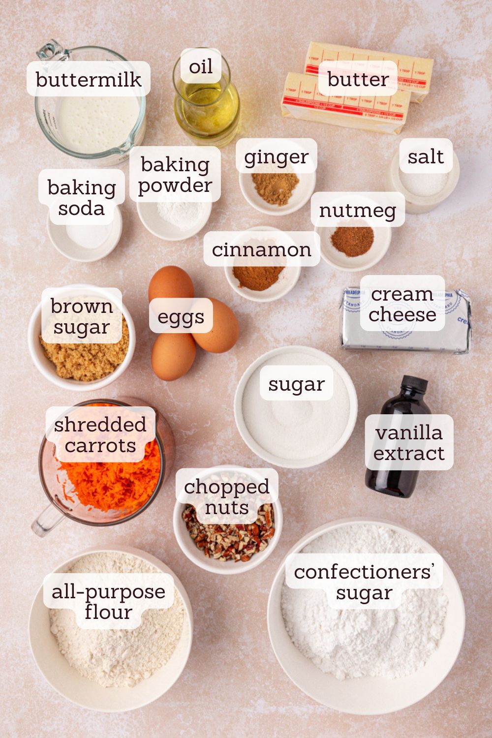 overhead view of ingredients for carrot sheet cake with browned butter cream cheese frosting