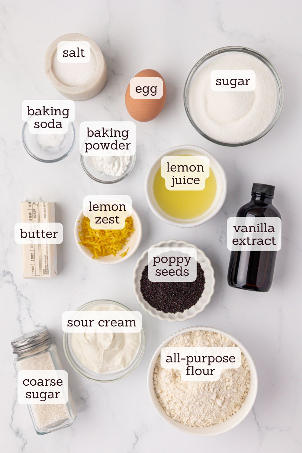 overhead view of ingredients for lemon poppy seed muffins