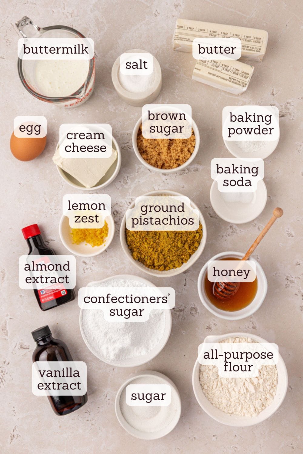 overhead view of ingredients for pistachio cupcakes with honey cream cheese frosting