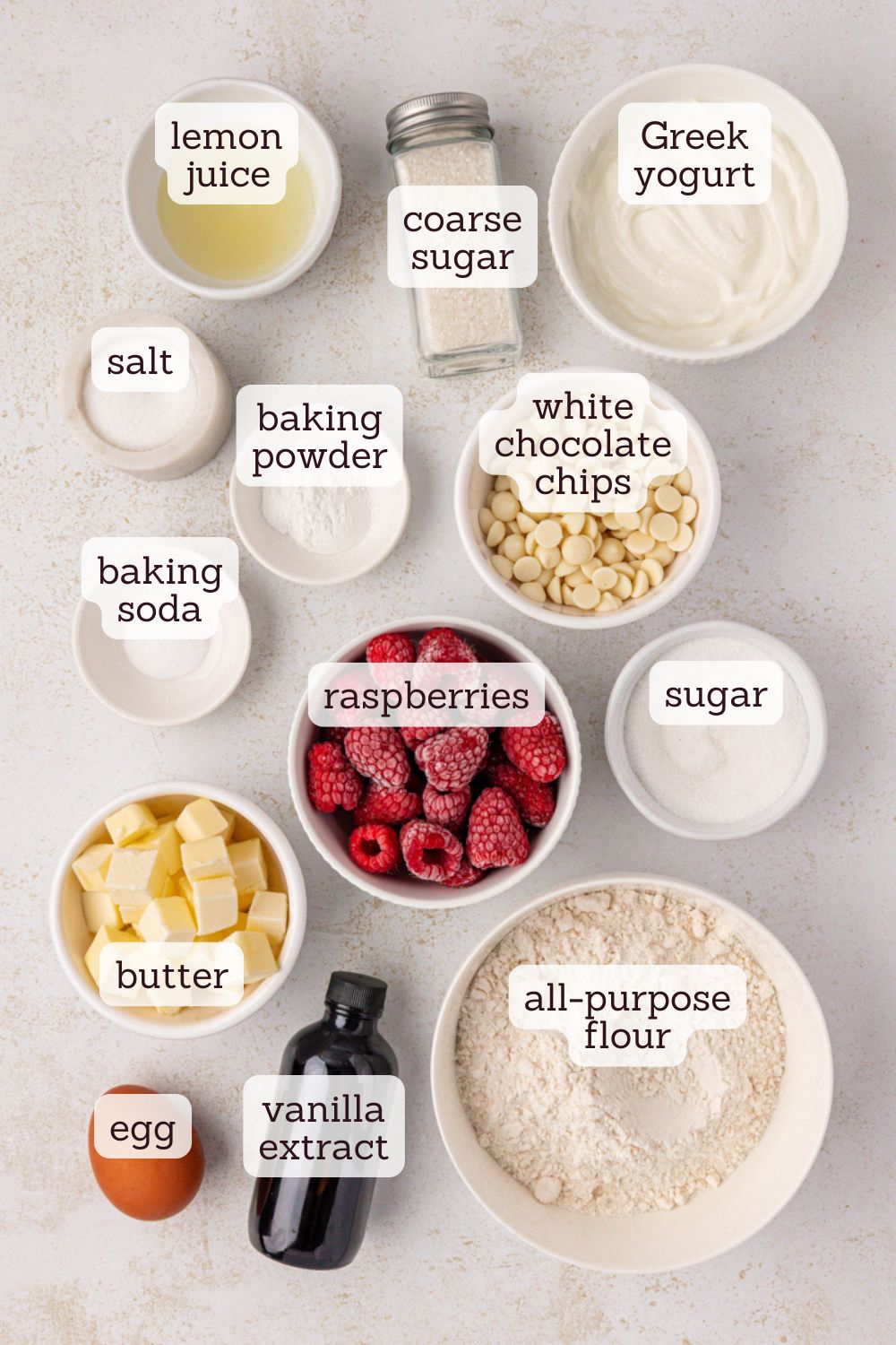 overhead view of ingredients for raspberry white chocolate scones