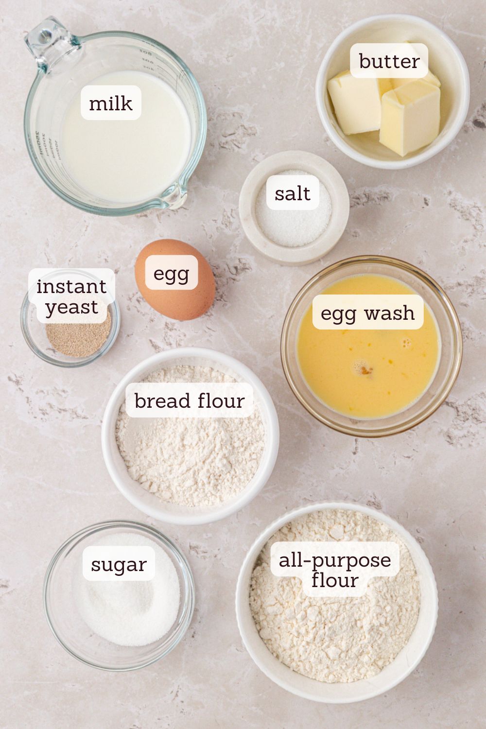 overhead view of ingredients for small batch dinner rolls