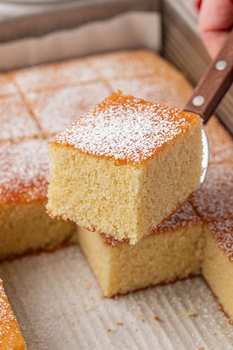 a slice of hot milk cake on a cake server