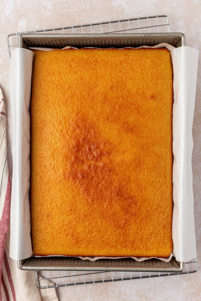 overhead view of freshly baked hot milk cake in a 9x13 pan