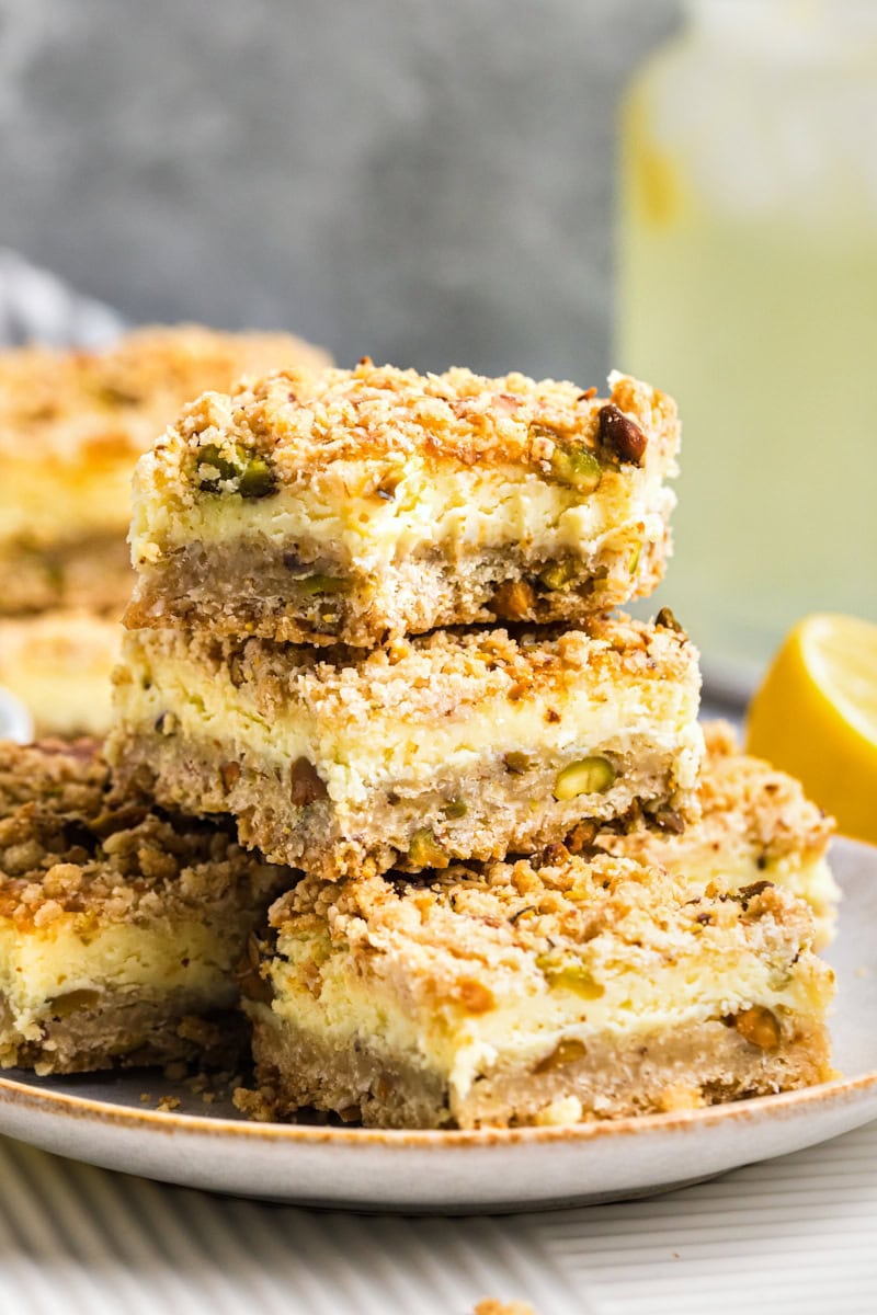 stacked lemon pistachio cheesecake bars