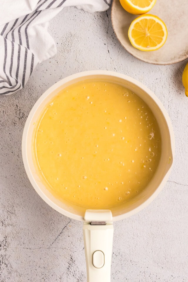 lemon cake batter in a saucepan