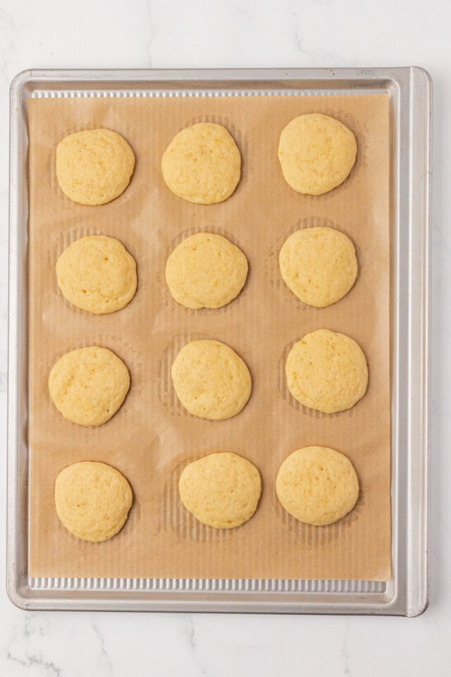 overhead view of freshly baked soft lemon cookies