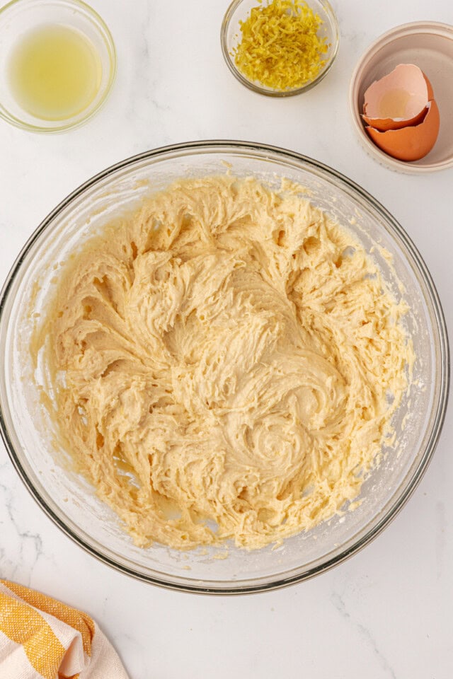overhead view of lemon whoopie pie dough in a mixing bowl