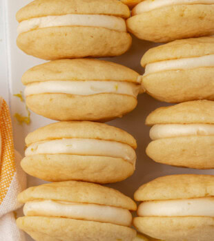 overhead view of lemon whoopie pies with creamy lemon filling