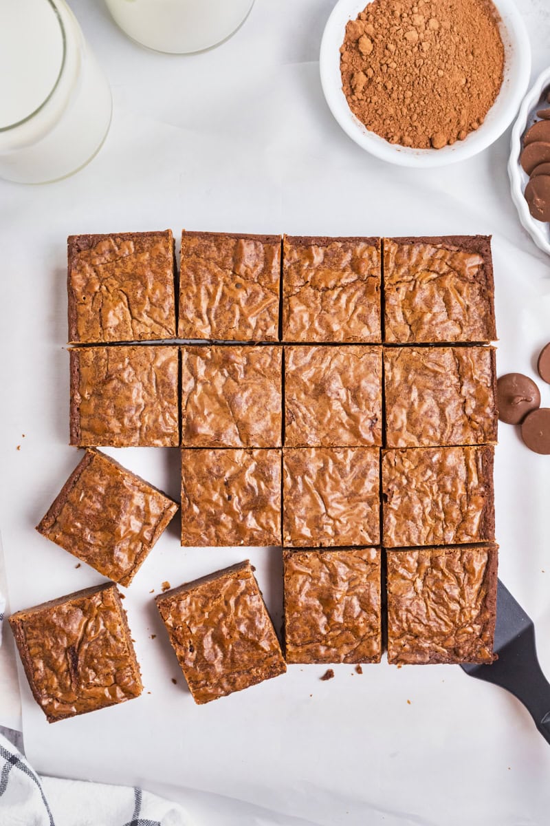 overhead view of milk chocolate brownies cut into squares