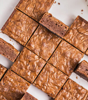 overhead view of milk chocolate brownies cut into squares to show fudgy texture