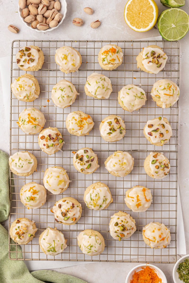 glazed Italian ricotta cookies on a wire rack