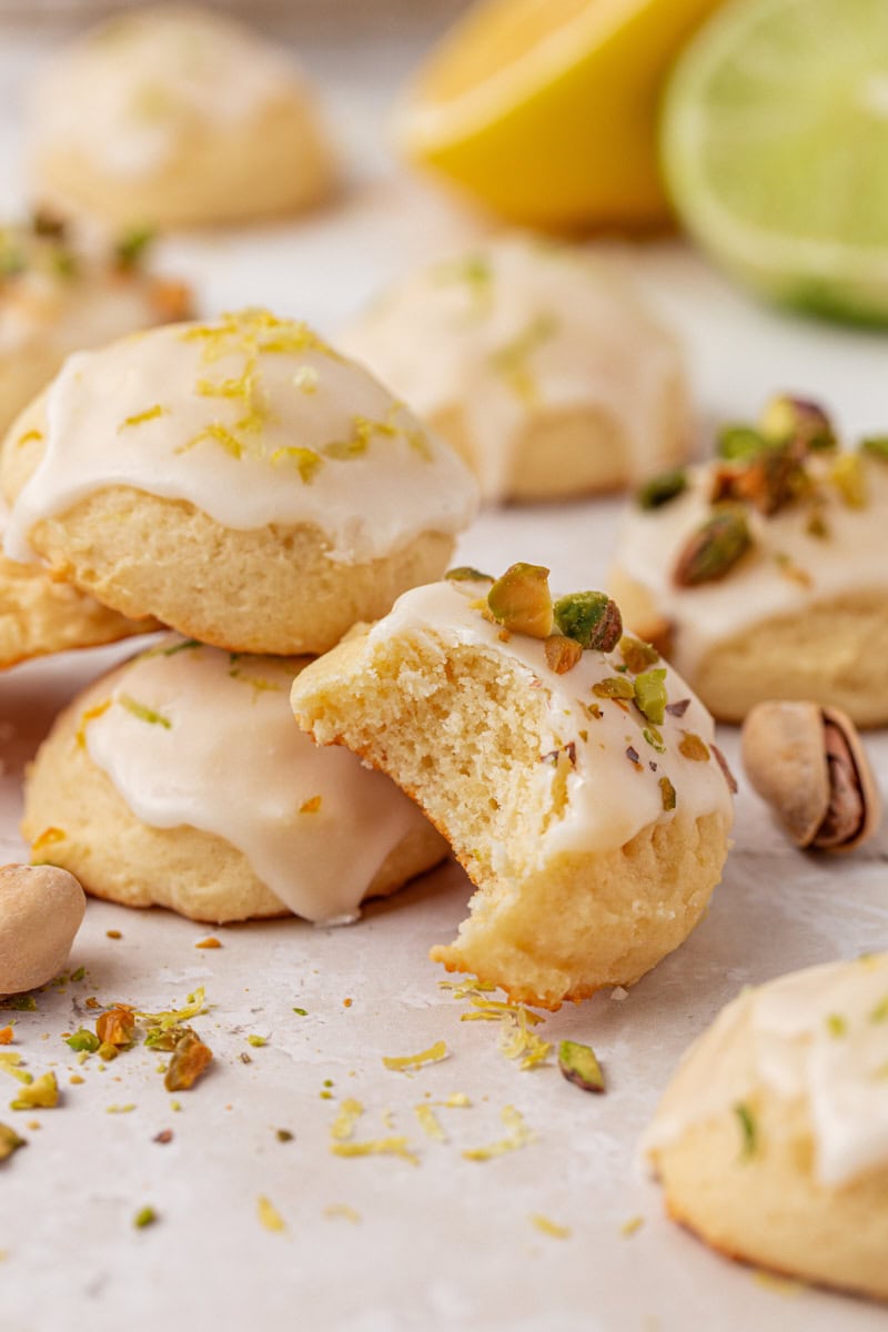 an Italian ricotta cookie with a bite missing