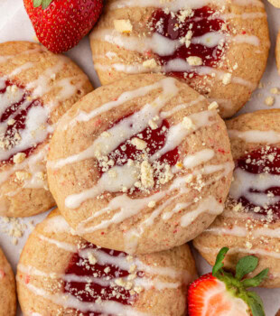overhead view of several strawberry shortcake cookies grouped tightly together