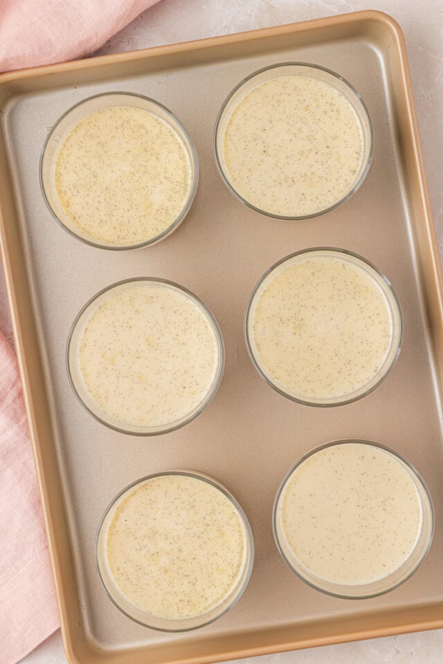 overhead view of six servings of panna cotta in dessert glasses