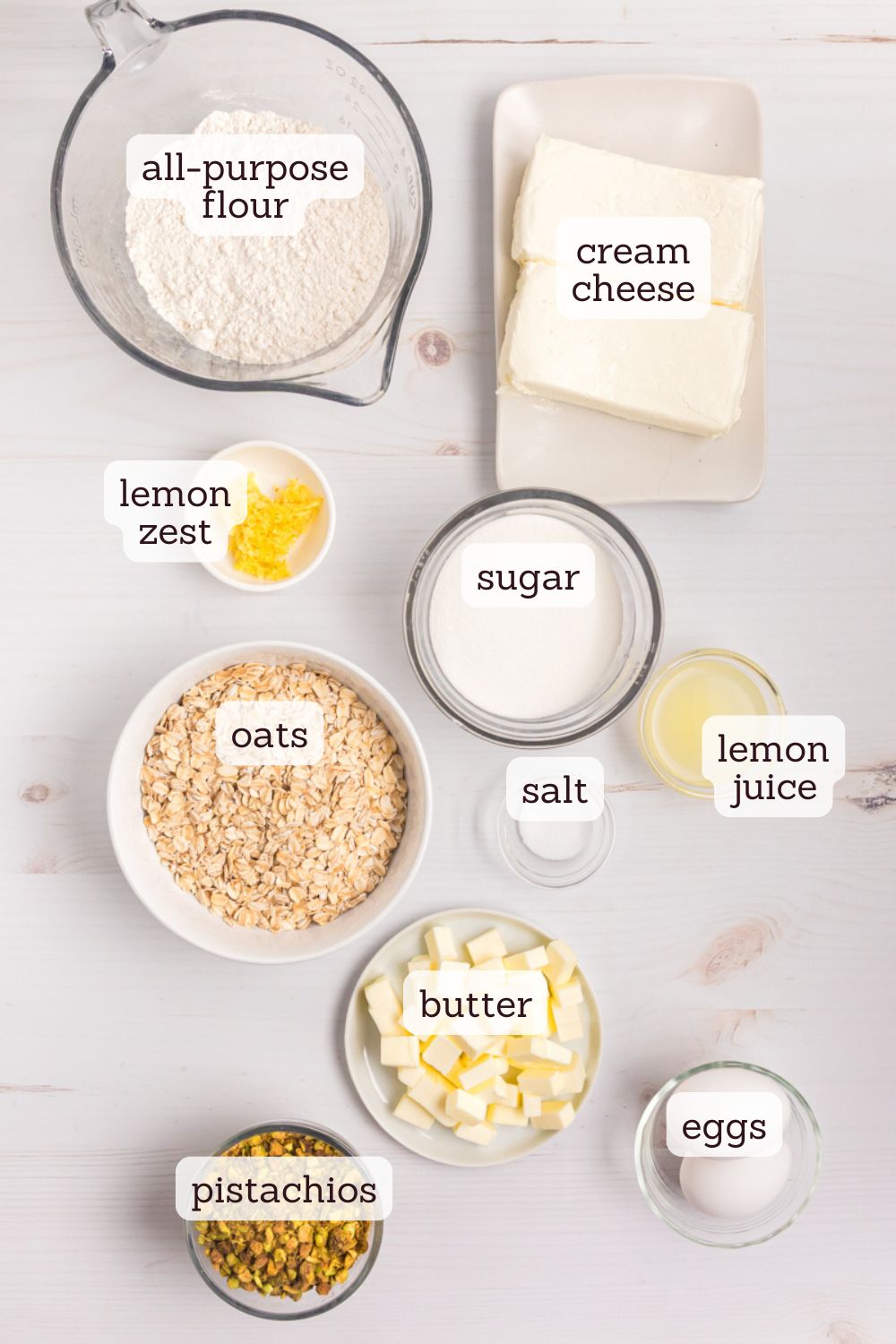 overhead view of ingredients for lemon pistachio cheesecake bars