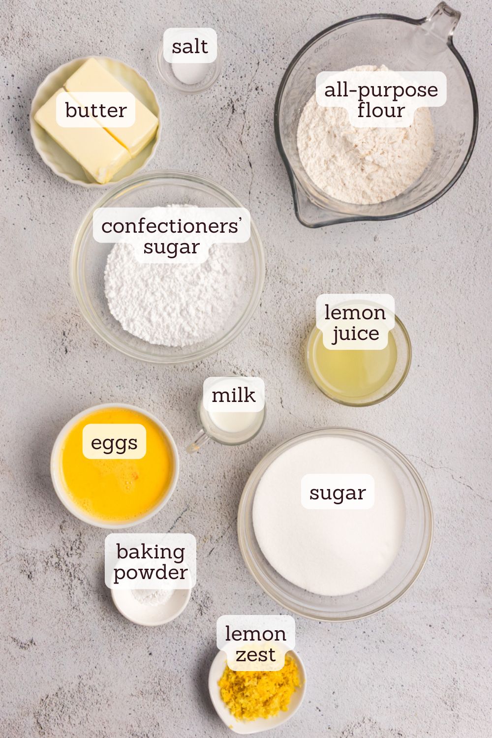 overhead view of ingredients for lemon pound cake bars