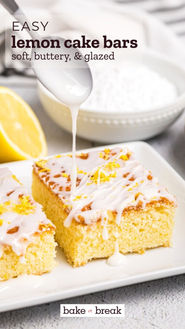 a simple glaze being spooned over a lemon pound cake bar; text overlay "easy lemon cake bars soft, buttery, & glazed"