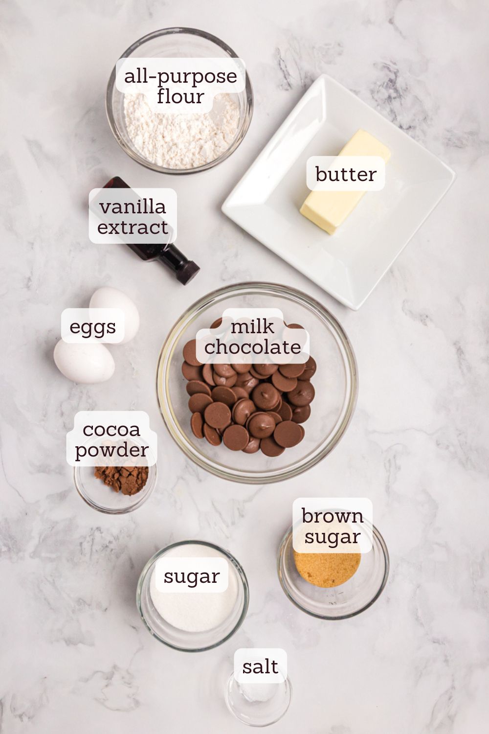 overhead view of ingredients for milk chocolate brownies