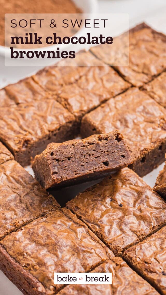 sliced milk chocolate brownies showing fudgy texture; text overlay "soft & sweet milk chocolate brownies - bake or break"